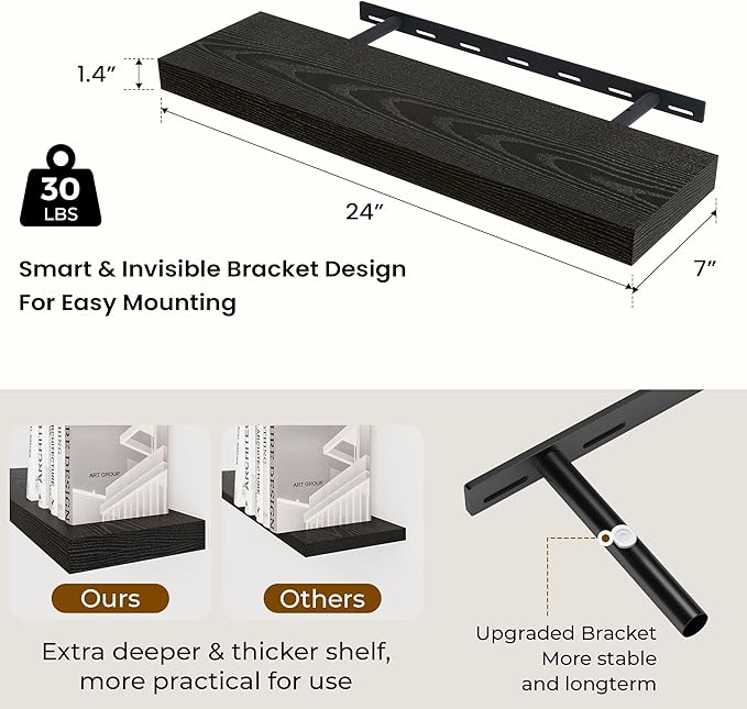 24 inch Floating Shelves Long Floating Shelves for Wall Large Wall Mounted Shelves with Invisible Brackets, Black Shelves for Bathroom, Living Room, Kitchen, Office, 24x6.7 inch deep Set of 2