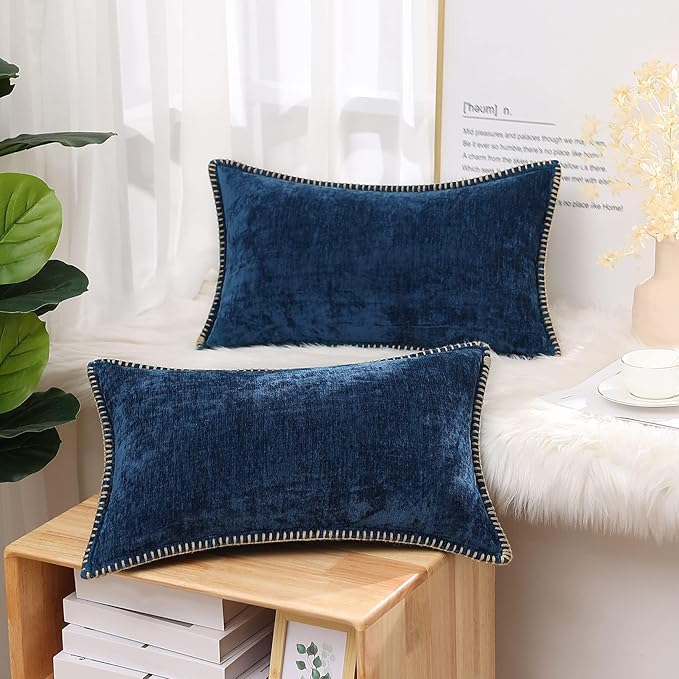 decorUhome Chenille Soft Throw Pillow Covers 12x20 Set of 2, Lumbar Velvet Farmhouse Neutral Decorative Euro Pillow Covers with Stitched Edge for Couch Sofa Bed Home Decor, Poseidon