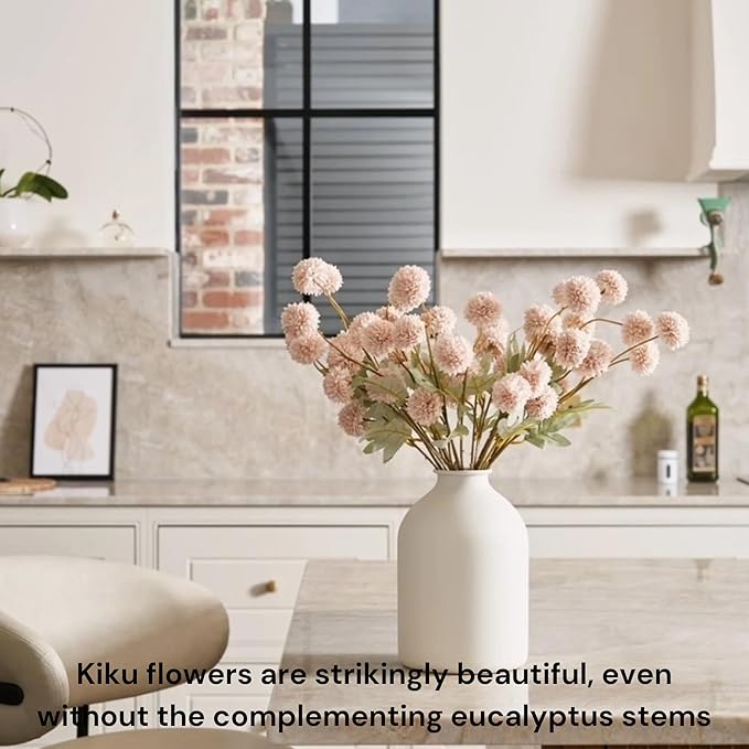 Beige Fake Flowers Silk 10 Stems With Eucalyptus, Faux Flowers For Vase, Artificial Mums Long Stem, Mini Faux Mums Flower Bulk, Tan Nude Cream Neutral Floral, Chrysanthemum Pom Pom Floral Arrangements