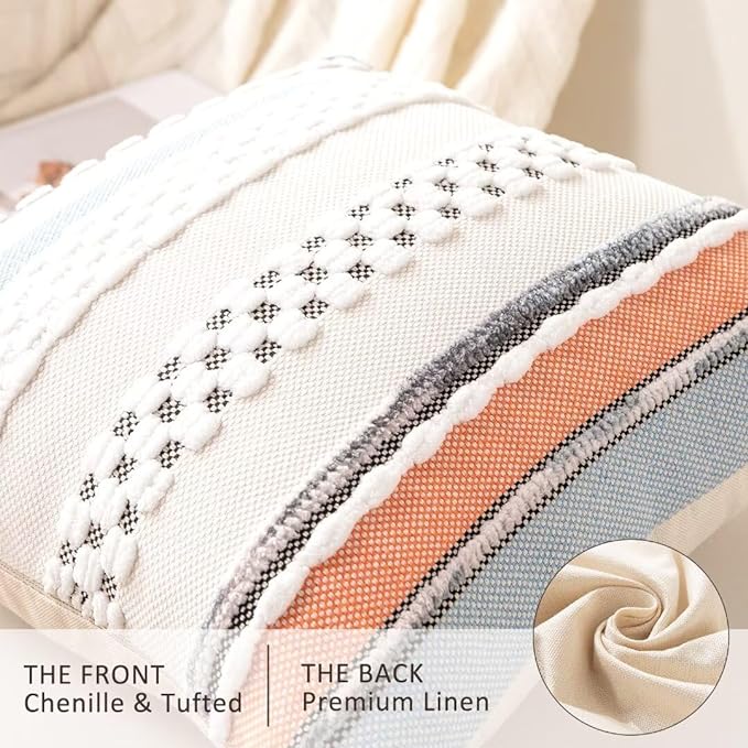 Boho Throw Pillow Covers 18x18 Set of 2 Farmhouse Decorative Cushion Case Striped Square Pillows Cover Chenille Pillow Cases Accent Neutral Pillowcase for Sofa Couch Bed,Orange-Blue