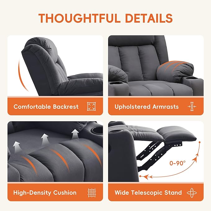 Rocker Swivel Recliner Chair for Adults, Overstuffed Large Manual Recliner Glider with Massage and Heat, Comfy Soft Fabric Living Room Reclining Sofa Chair(Technical Grey)
