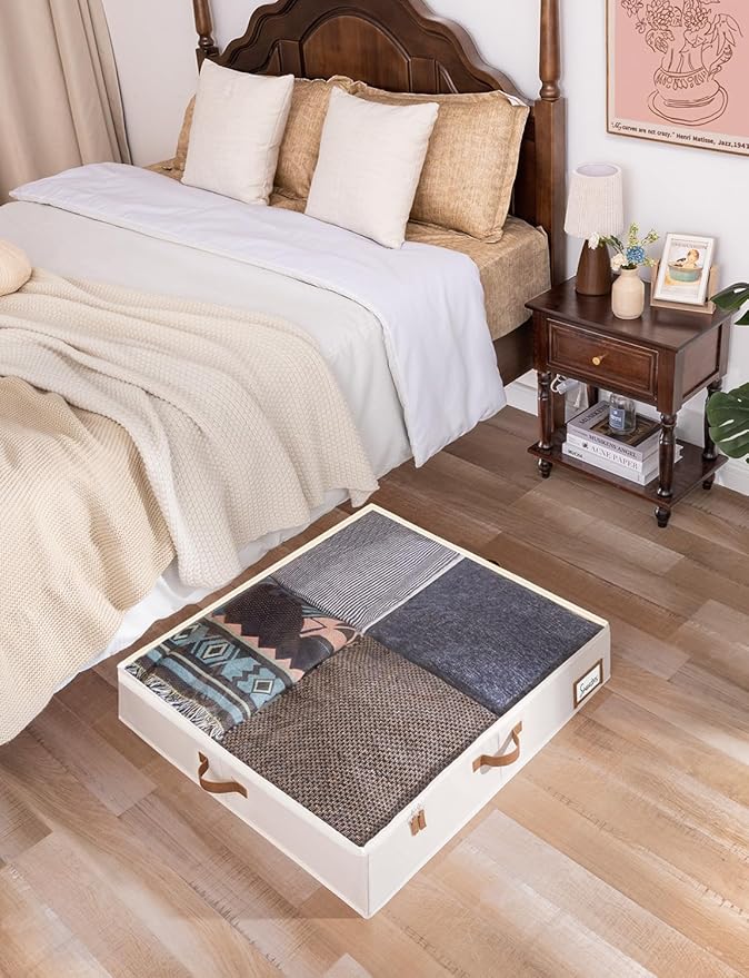StorageWorks Underbed Storage Box, Under Bed Clothes Organizer With Sturdy Structure and Ultra Thick Fabric, Beige, 30" L x 28" W x 6" H, 2 pack