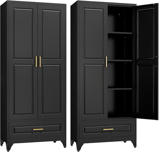 75" Kitchen Pantry Cabinet with Drawer, Metal Storage Cabinets with Doors and 4 Adjustable Shelves,Black Kitchen Cabinet with 2 Gold Handles,Food Cupboard for Livingroom,Pantry