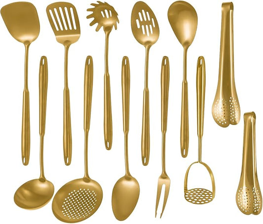 304 Stainlss Steel Matte Kitchen Utensils Set, 12 Pcs Long Metal Cooking Utensil Gadgets Tools Set with Spatula, Ladle, Spoon, Ladle, Skimmer, Tunner, Pasta Server, Tongs(Gold, Dishwasher Safe)