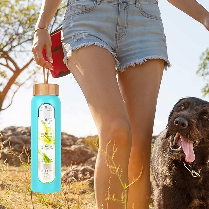 Aqulea Glass Water Bottles 32 Oz with Silicone Sleeve - BPA Free Reusable Wide Mouth Glass Motivational Water Bottles with Fruit Infuser – Leak Proof Borosilicate Water Bottle with Time Marker (Teal)