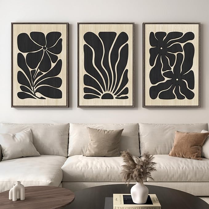Framed Textured Wood 3D Wall Art for Living Room, Large Boho Floral Black and Beige Artwork for Walls, 3 Piece Abstract Bohemian Flower Wood 3D Art for Office Bedroom Hallway Wall decor, 24x36 Inch