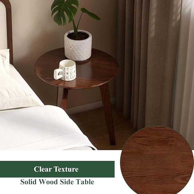 100% Solid Oak Round Side Table, Small Bedside Table for Small Spaces, Living Room End Table with Stable Frame, Modern Nightstand for Bedroom Couch, (Walnut, 17.71" D x 19.68" H)