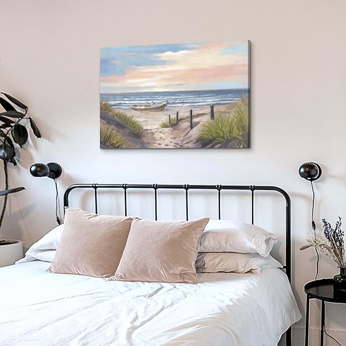 cozy country Ocean Wall Art 36"x24" - Coastal Pictures Beach Canvas Decor - Seashore Artwork Seascape Hand Painting for Bedroom, Sea House