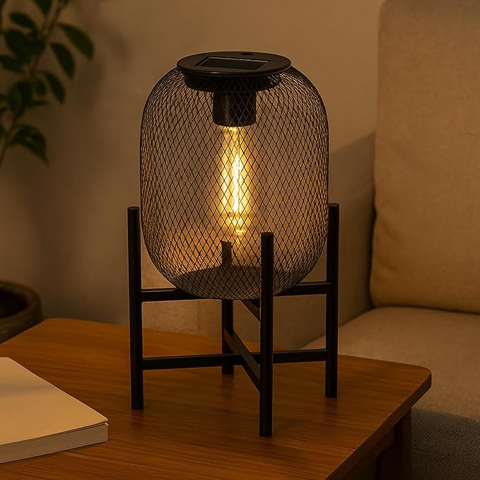 Solar Mesh Lantern Outdoor – 13.8" Tall Black Metal Patio Light with Edison Glass Bulb, Solar Powered Warm Glow LED, Waterproof IP65 for Garden, Porch, Deck, Tabletop Decor