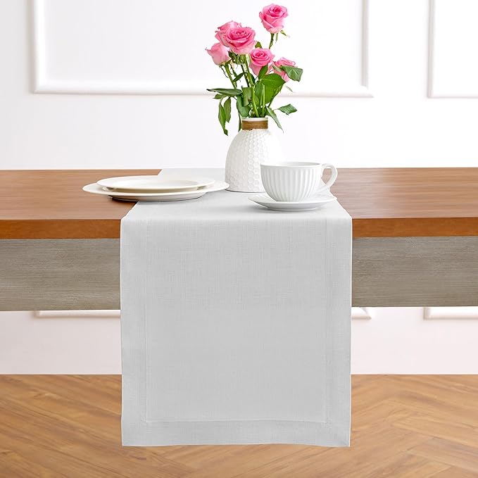 Solino Home Linen Table Runner 108 Inches Long - 100% Pure Linen Silver Cloud Dining Table Runner 14 x 108 Inch for Fall, Autumn, Thanksgiving - Fete