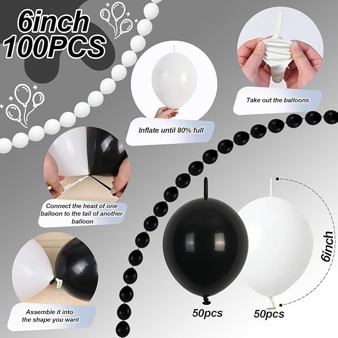 Black and White Quick Link Balloons, 100PCS Latex Linking Balloons for Making Balloon Wall Balloon Arch Balloon Chains and Wedding Birthday Baby Shower Engagement Graduation Party Decorations (6inch)