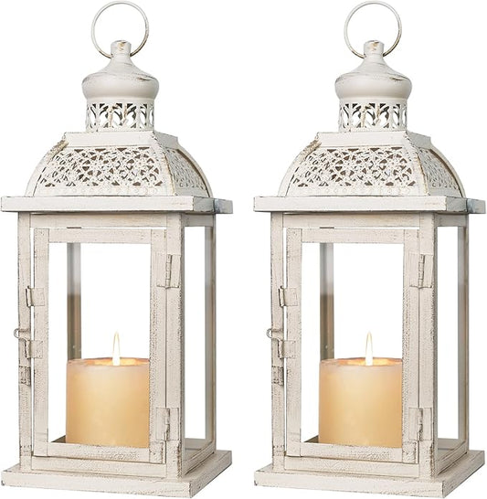 DECORKEY Lantern Decorative Indoor&Outdoor, 2 Pack 14.4'' Large Metal Candle Lanterns, Vintage Hanging Candle Holders for Farmhouse Wedding Front Porch Patio, Halloween Christmas Decorations for Home