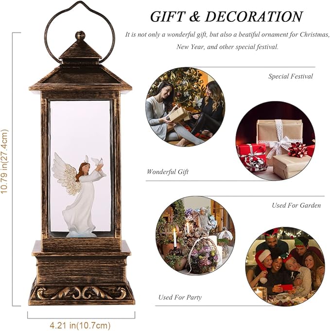 Christmas Decorations Snow Globe Lantern,Christmas Lantern with 8 Christmas Theme Music,Christmas Snow Globe Gifts Water Glittering Swirling Christmas Home Decoration（Dove Angel）