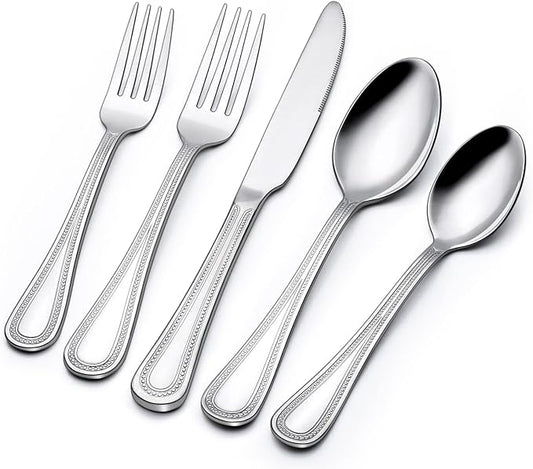 40 Piece Silverware Set for 8, Terlulu Stainless Steel Flatware Set, Mirror Polished Cutlery Set Utensil Set, Tableware Include Forks Spoons Knives for Home Restaurant, Beaded Handle, Dishwasher Safe