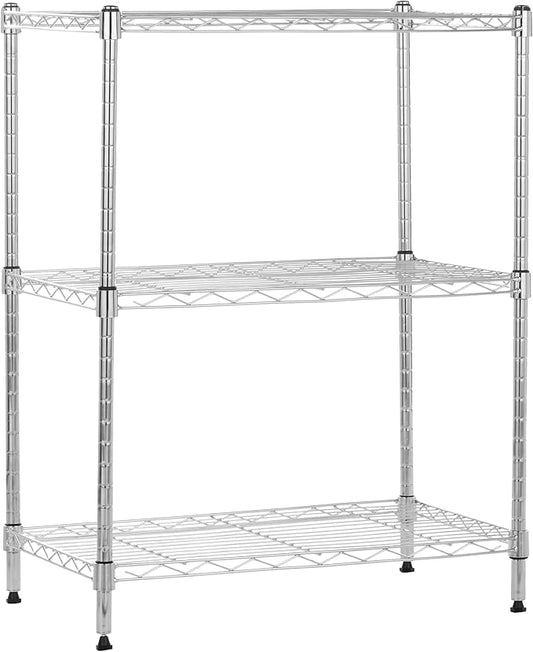 Amazon Basics 3-Shelf Adjustable Heavy Duty Steel Wire Rack Storage Shelving Organizer for Kitchen, Garage, 23.2" L x 13.4" W x 30" H, Chrome