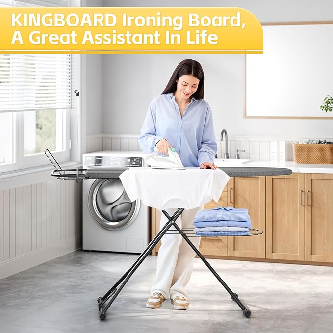 Full Size Ironing Board, 18x51 Iron Board with Metal Panel Stretchable Iron Rest, Adjustable Height Heavy Duty Heat & Scorch Resistant Cover Ironing Board, for Home, Laundry, Black