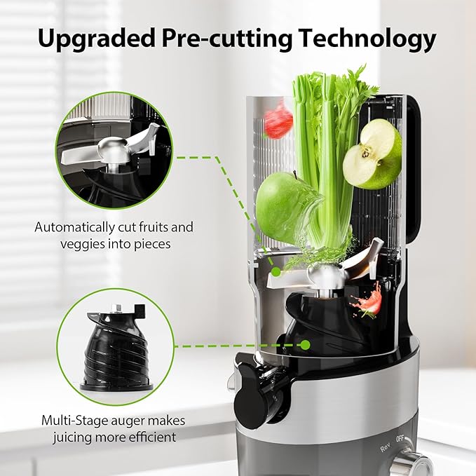 Aeitto Cold Press Juicer, Juicer Machines with 4.9" Large Feed Chute, Fits Whole Vegetables and Fruits, Professional Juice Maker, Easy to Clean, High Juice Yield, Easy to Assemble,Grey