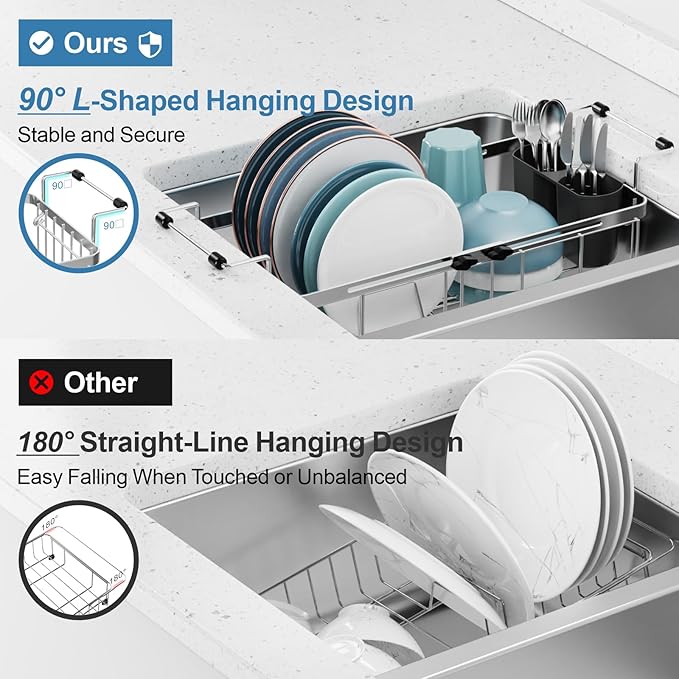GSlife Expandable in Sink Small Dish Drying Rack - Stainless Steel Capacity Adjustable Over The Sink Dish Rack with Utensil Holder, 11.9“-16.7” L x 9" W x 5.7" H, Silver