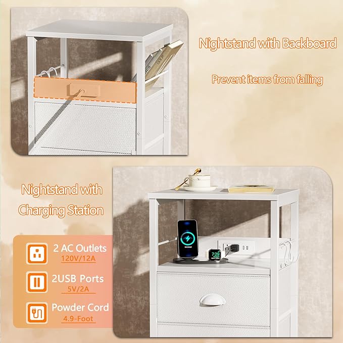 Furologee Nightstands Set of 2, Night Stands with Charging Station, Side Tables with 2 Fabric Drawers, End Tables with Storage Shelves, for Bedroom, White