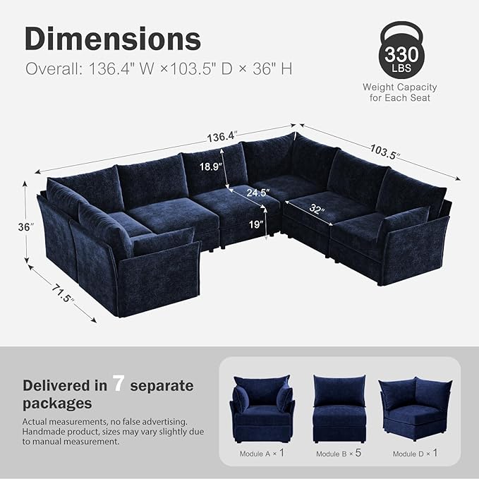 136.4" Oversized Modular Sectional Sofa, U Shaped Convertible Couch with Movable Ottoman, Large 7 Seat Corner Couches for Living Room Deep Seat Blue Chenille