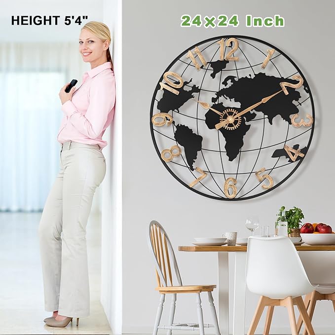24 Inch Large Wall Clock for Living Room Decor,Big Modern Decorative Silent Metal World Map Wall Clock with Vintage Gold Arabic Numeral for Office,Living Room,Kitchen,Dining Room
