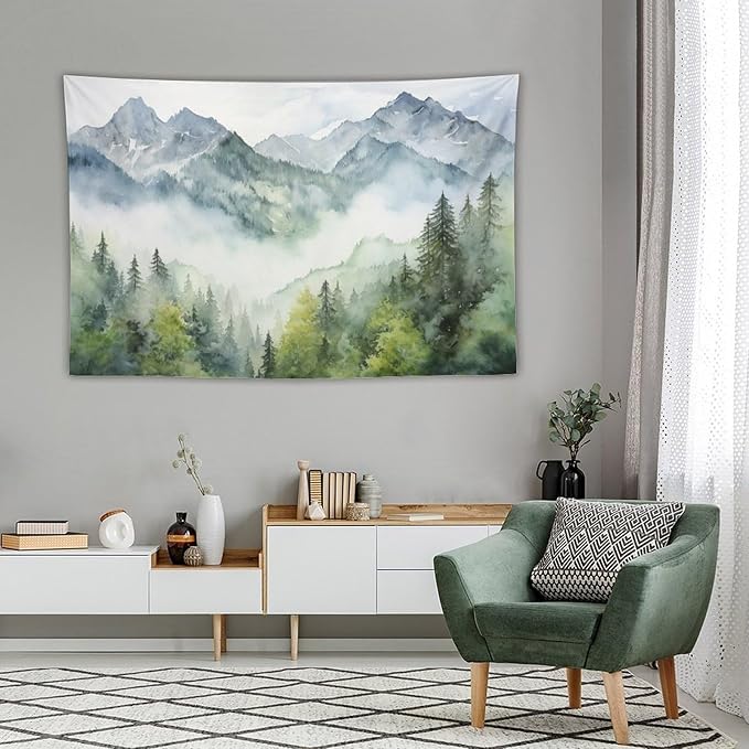 HZOHNAGO Mountain Tapestry Misty Green Forest Mountain Pattern Printed Wall Tapestry Wall Hanging for Bedroom Living Room Dorm 90" W x 60" H