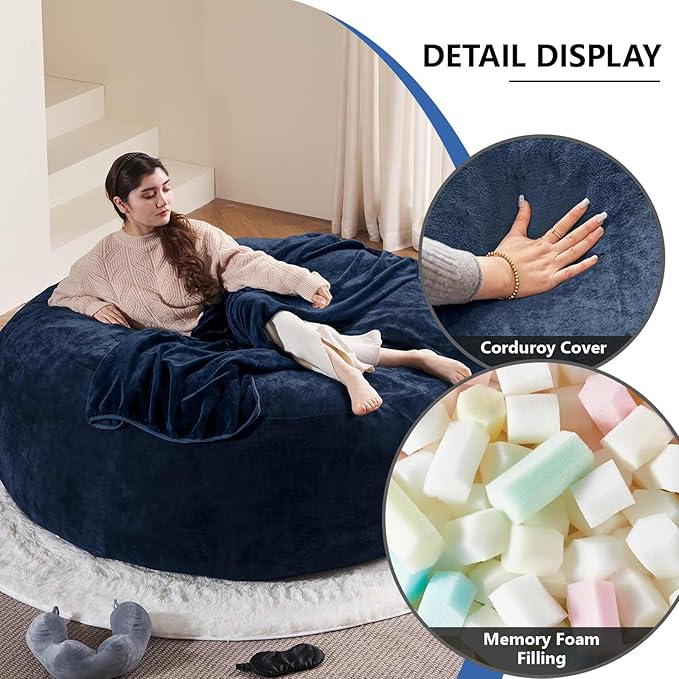 6FT,Oversized Bean Bag Chairs for Adults,Giant beanbag with Filler Included，Fluffy Memory Foam,Soft and Comfy Corduroy Fabric,Gaming Chairs Suitable for Living Room and Bedroom (Blue, 6 Foot)