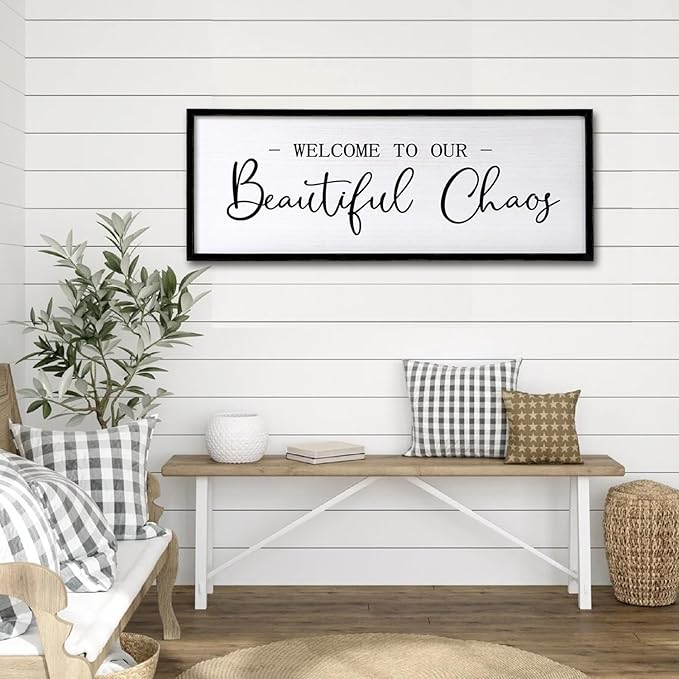 Welcome To Our Beautiful Chaos Sign Wall Decor Framed Wood 32X12 Inch For Rustic Home Living Room Entryway Bedroom Hanging Art (Wood)