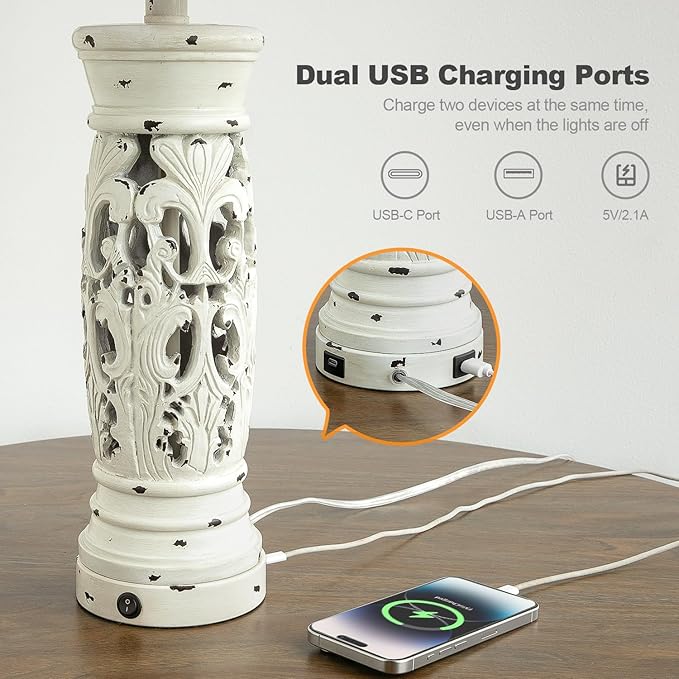BOBOMOMO 27.25” Farmhouse Table Lamps Set of 2 – Antique White Bedside Lamps with Night Light & USB A+C Ports, Vintage Lamps for Bedroom, Living Room, Entryway, Console Table (Bulbs Included)
