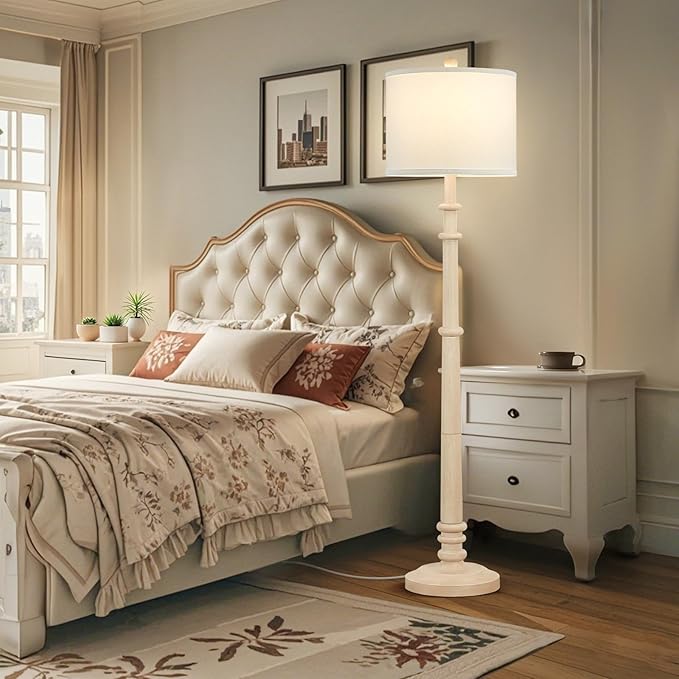 Floor Lamps for Living Room - 60" Resin Farmhouse Floor Lamp with 3 Color Temperatures - Vintage Standing Lamp Reading Light with Linen Shade Rustic Tall Lamp for Bedroom Office, Oatmeal Wash