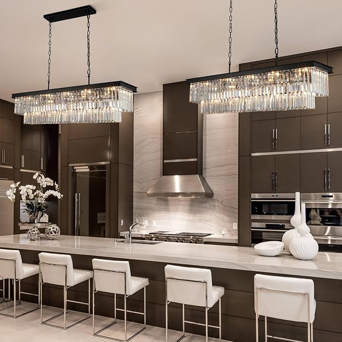 Crystal Chandeliers for Dining Room Light Fixtures Over Table，15-Lights Black Modern Rectangle Chandeliers for Kitchen Island Bar L40 Inch