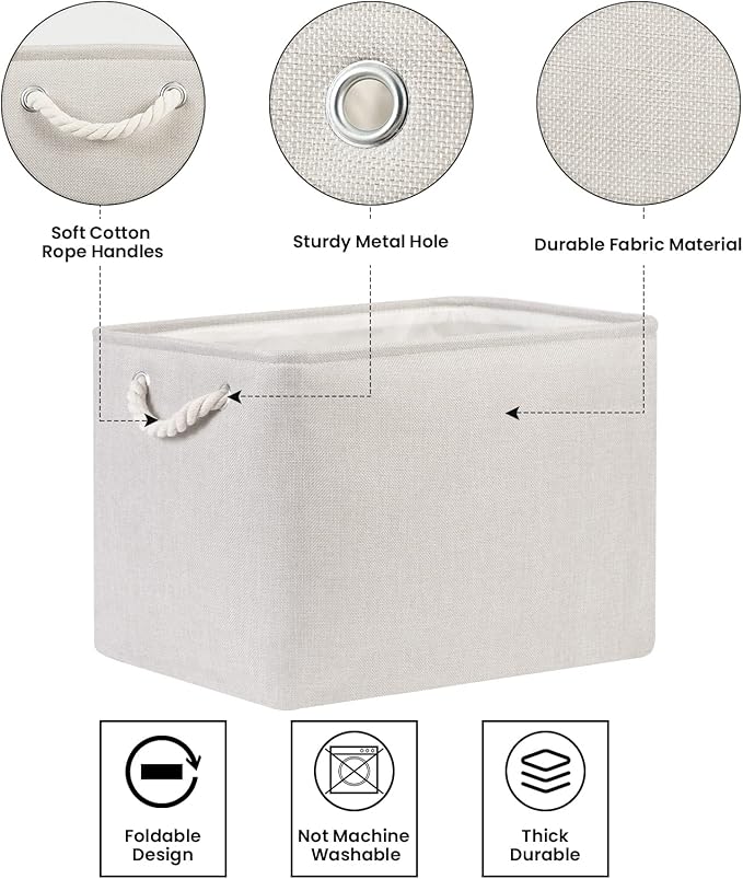Bidtakay Large Fabric Storage Bins Beige Linen Closet Organizers Set of 2 Baskets for Shelves Clothes Bedroom 16x11.8x11.8 Inch Foldable Organization Baskets for Towels Blankets Storage Dog Toys