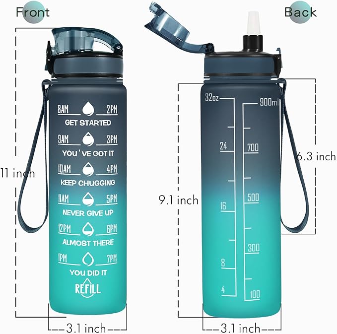 Enerbone Water Bottle, Leakproof BPA & Toxic Free, Motivational Water Bottle with Times to Drink and Straw, Fitness Sports Water Bottle with Strap for Office, Gym, Outdoor Sports