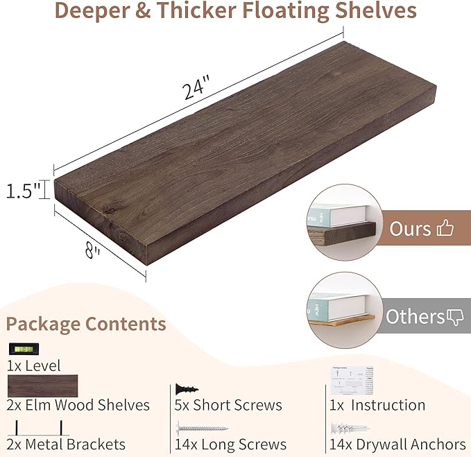 Axeman Floating Shelves for Wall, 24''W x 8'' D Rustic Solid Elm Wood Shelves for Storage, Wall Mounted Display Shelving with Invisible Heavy-Duty Metal Bracket (Walnut, 2PCs)