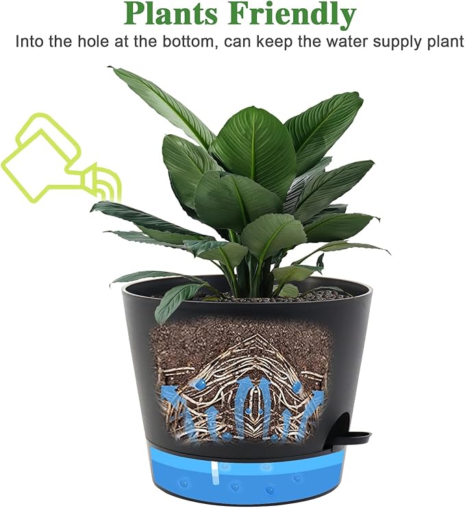 Self Watering Pots for Indoor Plants,12 inch Planters with Drainage Holes Plastic Flower Pots with Deep Reservoir, Black