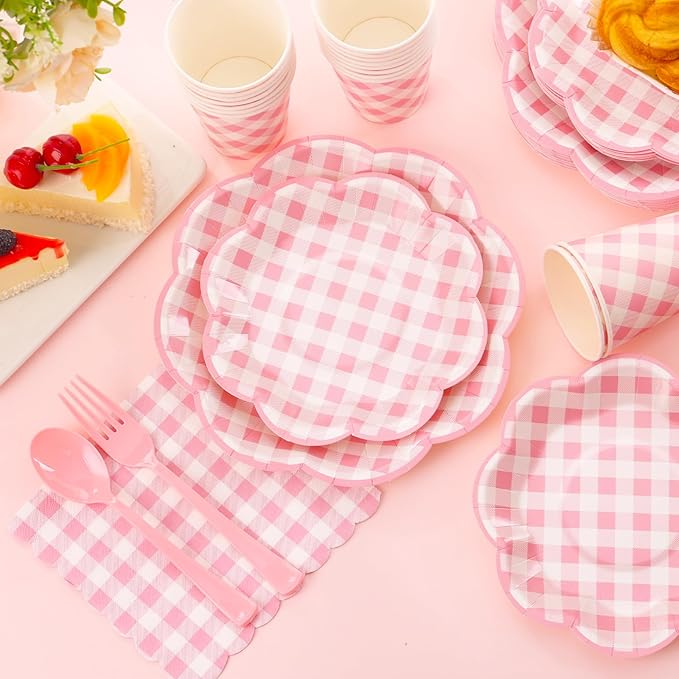 175 Pcs Pink Gingham Plates and Napkins Party Supplies - Pink and White Checkered Plates Sets Serve 25 Guests - Scalloped Gingham Paper Plate for Birthday Wedding Picnic Party Decorations