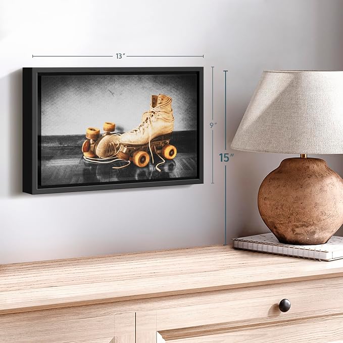 ElephantStock Vintage Skates Pop Wall Art - Horizontal Framed Canvas - 1-Piece Living Room Wall Decor - Sport Photography Canvas Print - Beige and Black Decor for Wall - 13" X 9"