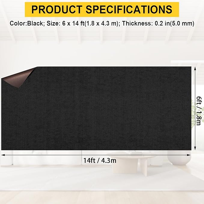 Marine Carpet, 6 FT x 14 FT Black Indoor/Outdoor Area Rug, 0.2" Thick, Waterproof, Non-Slip