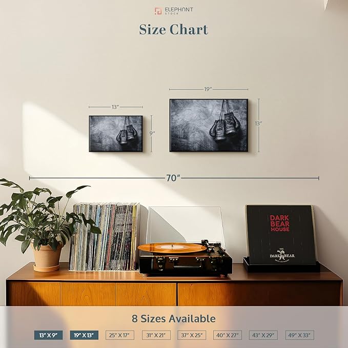 ElephantStock Boxing Gloves Wall Art - Horizontal Framed Canvas - 1-Piece Living Room Wall Decor - Photography Sports Canvas Print - Black and Gray Decor for Wall - 13" X 9"