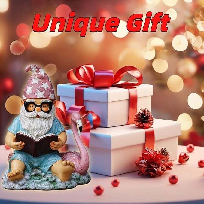 Gnome Statue Garden Decor, Resin Gnome and Flamingo Figurines Outdoor Decorations for Yard Art Porch Lawn Ornaments, Unique Housewarming Gifts