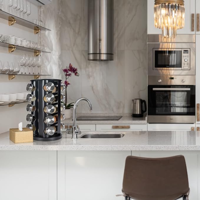 Black Countertop Revolving Spice Rack, Empty 20-Jars Rotating Spice Rack Organizer, Round Carousel Tower, 135 Spice Labels with Funnel Complete Set, for Kitchen Countertop, Cabinet