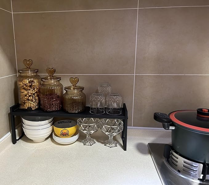 Expandable Cabinet Shelf Organizer 16-26" L Stackable Kitchen Counter Shelf Rack Stand Sink Riser Countertop Storage Black (Narrow 5.1”D)