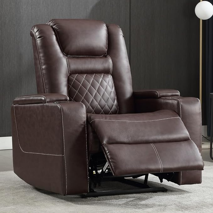 CANMOV Electric Power Recliner Chair with USB Ports and Cup Holders, Breathable Leather Home Theater Seating with Hidden Arm Storage (Red Brown)