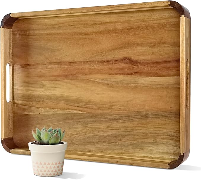 22 Inches Acacia Wood Serving Tray with Handles, Large Wooden Rectangle Ottoman Tray, Nice Home Decor for Living Room Coffee Table Couch, Ideal Size for Serving Food Breakfast BBQ Party
