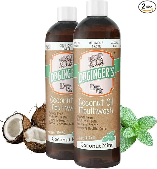 Dr. Ginger’s Coconut Oil Pulling Alcohol Free Mouthwash - Mint Flavor, 14 fl oz, 2pcs - Support Gum Health, Tongue, and Teeth Whitening for Adults, Fluoride Free, All-Natural, with Xylitol