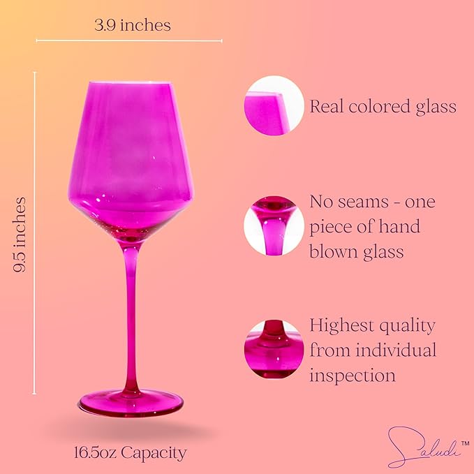 Saludi Colored Wine Glasses, 16.5oz (Set of 6) Stemmed Frida-Color Glass - Great for all Wine Types and Occasions - Luxury, Durable, Hand-Blown