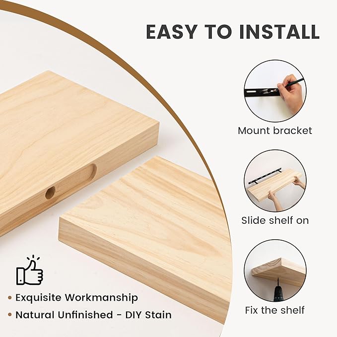 Fun Memories 36 Inch Floating Shelves for Wall, Deep Rustic Solid Pine Wood Wall Shelves for Storage - Farmhouse Wall Mounted with Heavy-Duty Metal Bracket, 36" W x 8" D, Set of 2,Unfinished