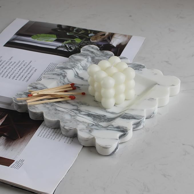 Natural Luxury Marble Tray with Scalloped Edge, Handmade Square Decorative Tray, Catch All Tray for Counter, Dresser, Nightstand and Home Décor (Arabescato Calacatta)