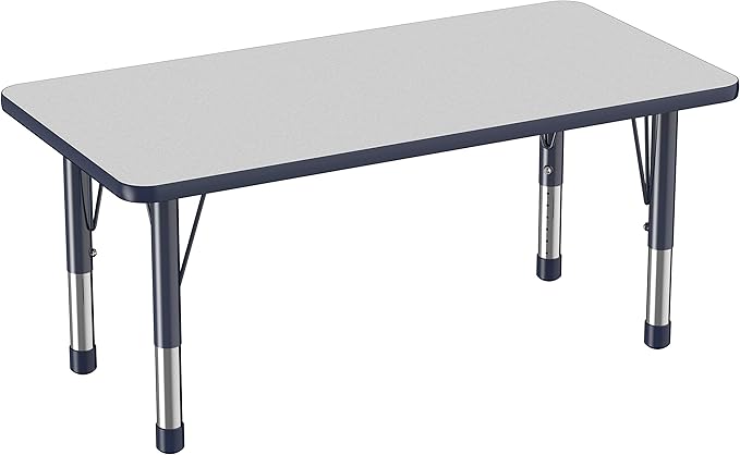 FDP Rectangle Activity School and Kids Classroom Table (24 x 48 inch), Toddler Legs, Adjustable Height 15-24 inches - Gray Top and Navy Edge