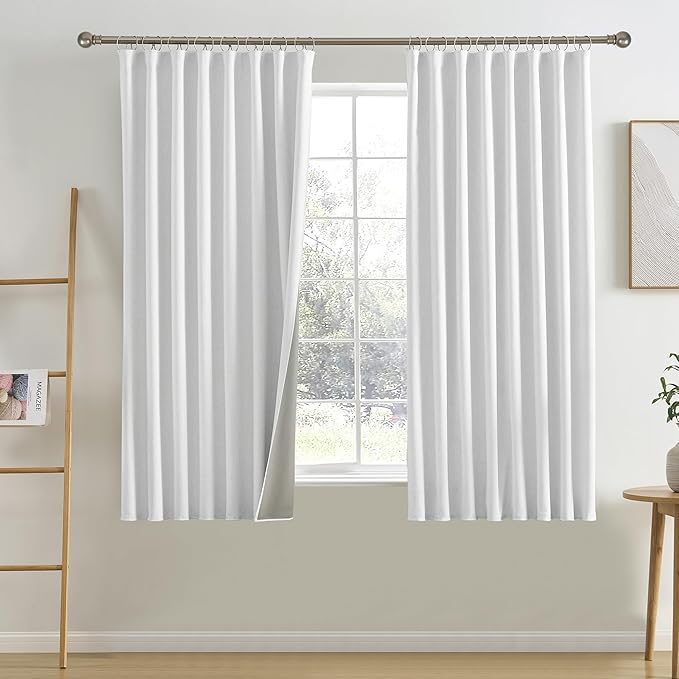 RAIN CITY Snow White Blackout Curtains Back Tab Rod Pocket Pleated Track Curtains Short Kids Bedroom Classic Curtain Drapes 2 Panels Set 63 Inches Long 50x63
